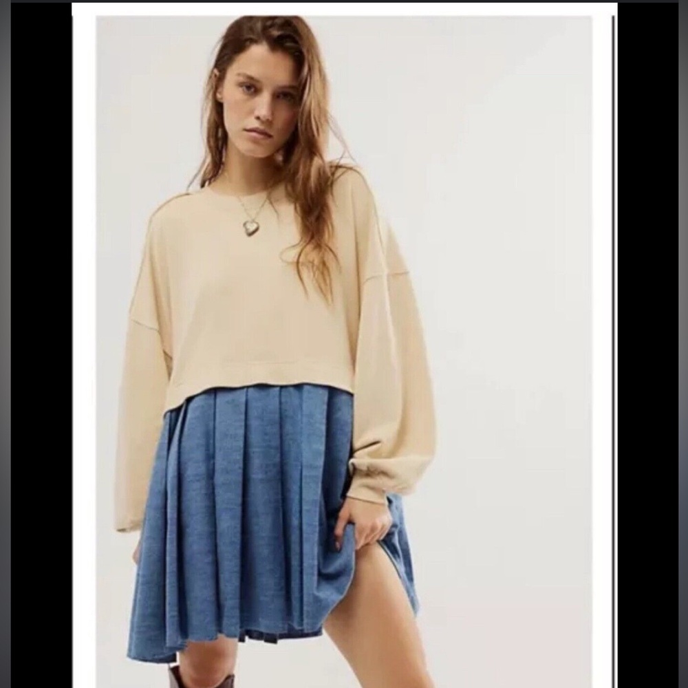 Free People Beige Long Sleeve Cropped Top with Blue Pleated Skirt